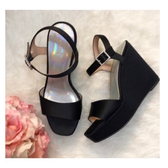 Maripe Shoes - LIKE NEW! • MARIPE • Gorgeous Black Wedge Open Toe Heels w Pearl Bling Buckle